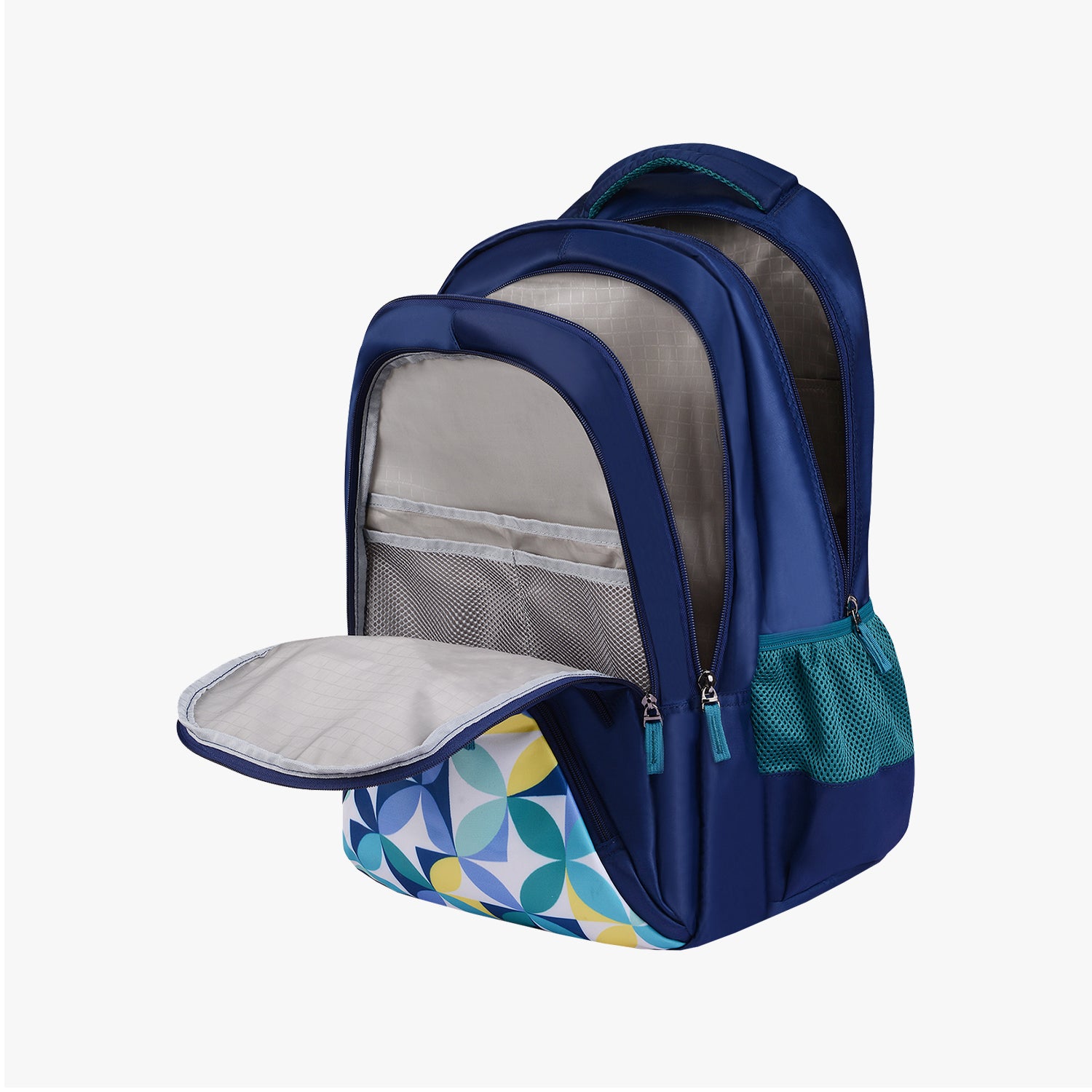 open navy backpack with compartments and pattern