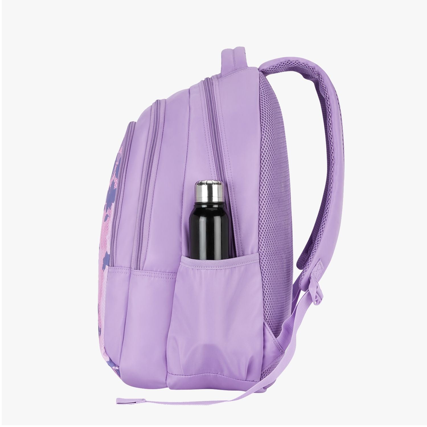 Side angle of purple backpack showing bottle in mesh pocket