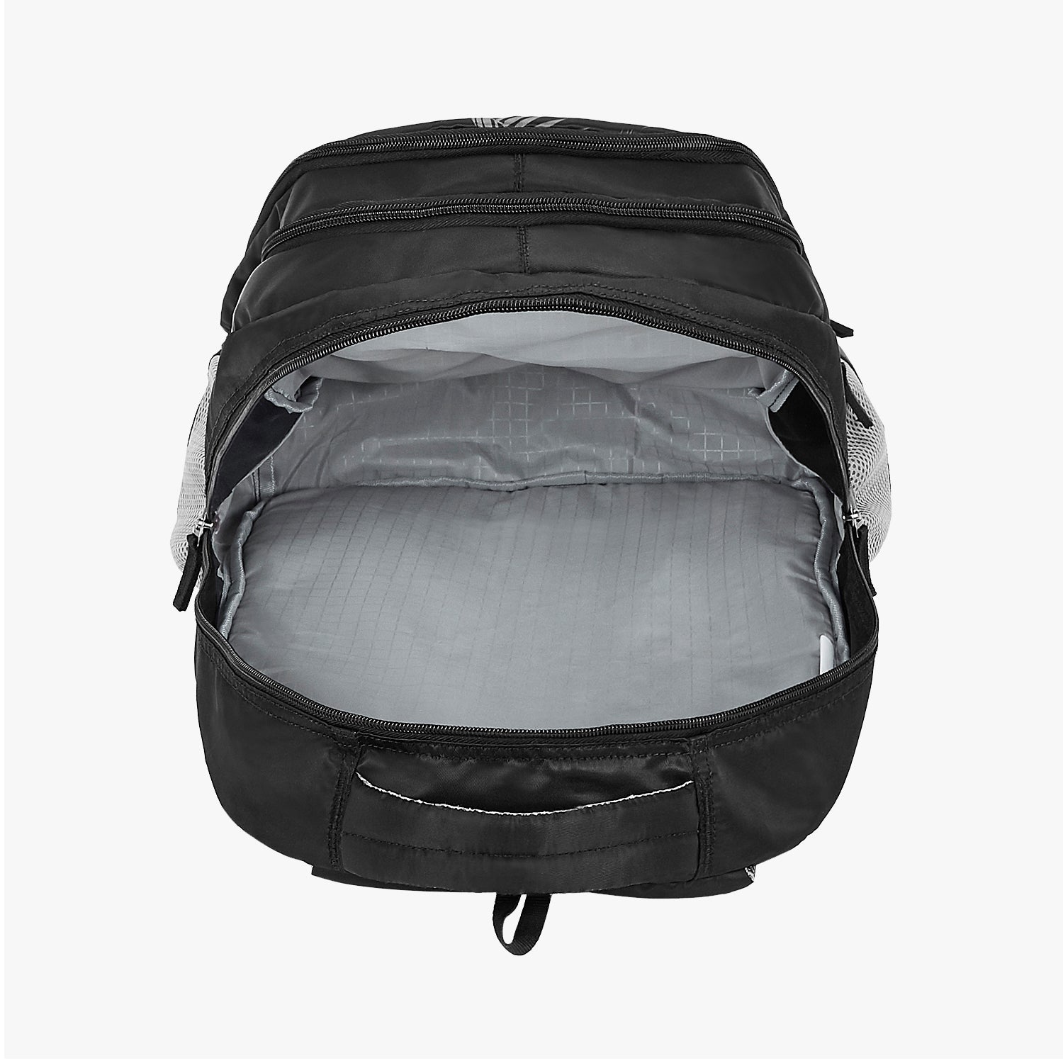 open view of black backpack with gray lining