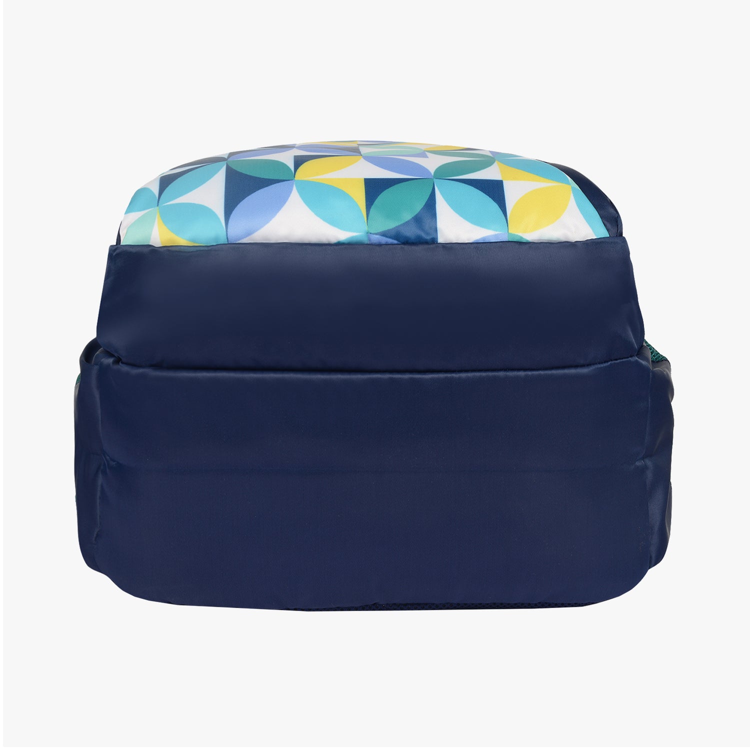 top view of navy backpack with geometric pattern