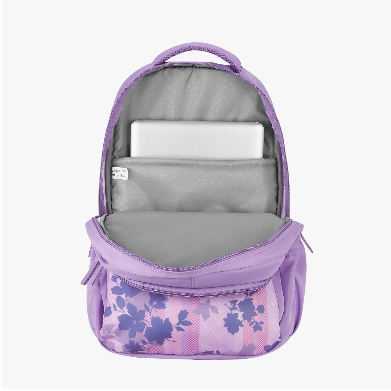 Open view of purple backpack with laptop compartment