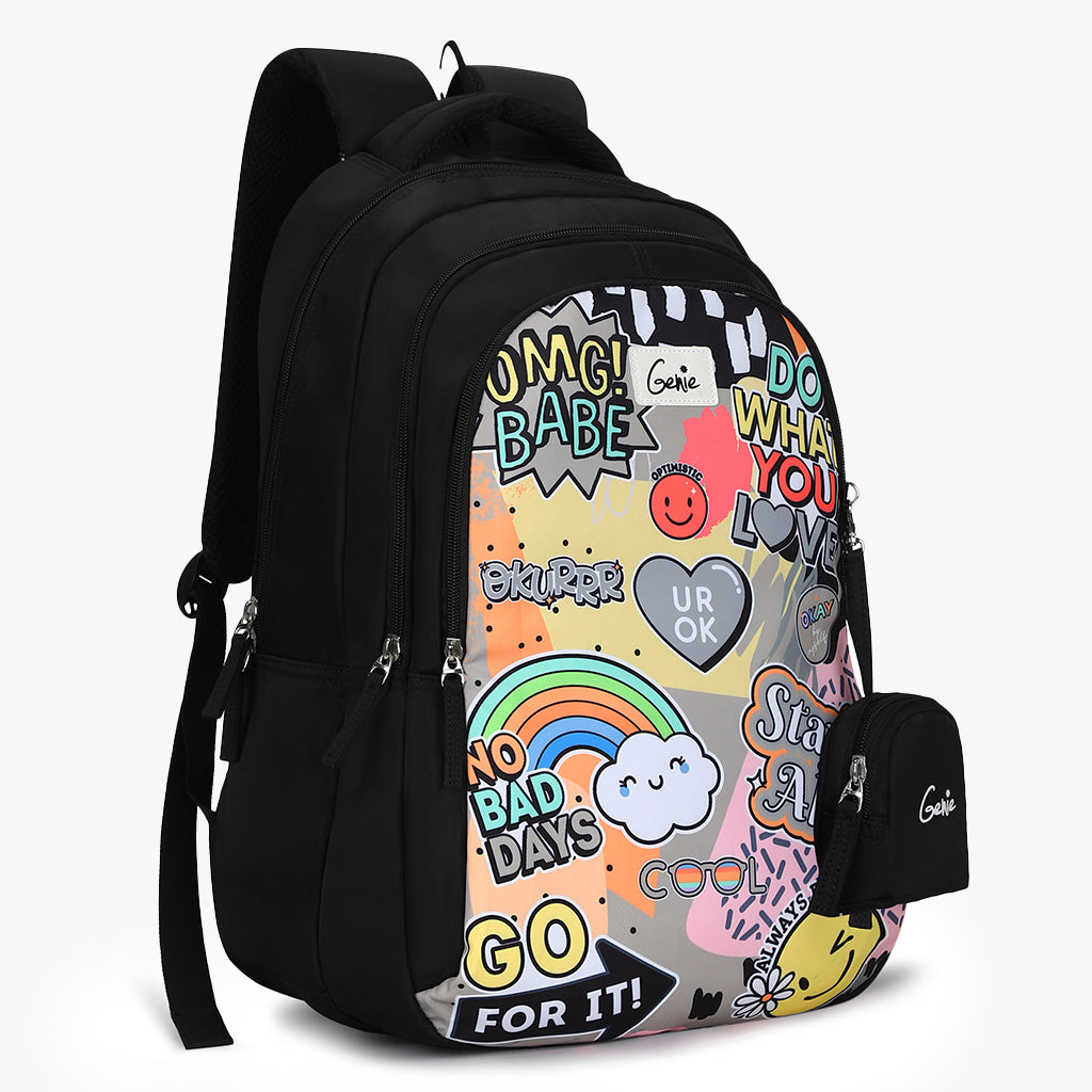 black backpack with colorful front and happy pouch