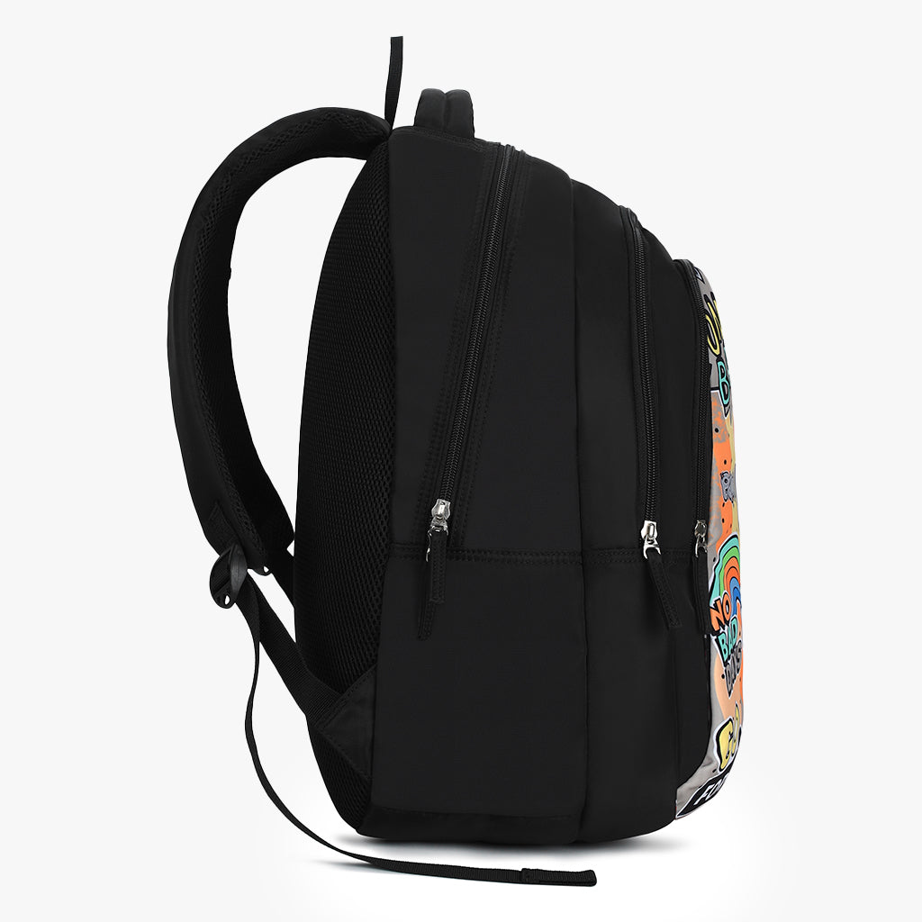 side angle of black backpack with colorful edge