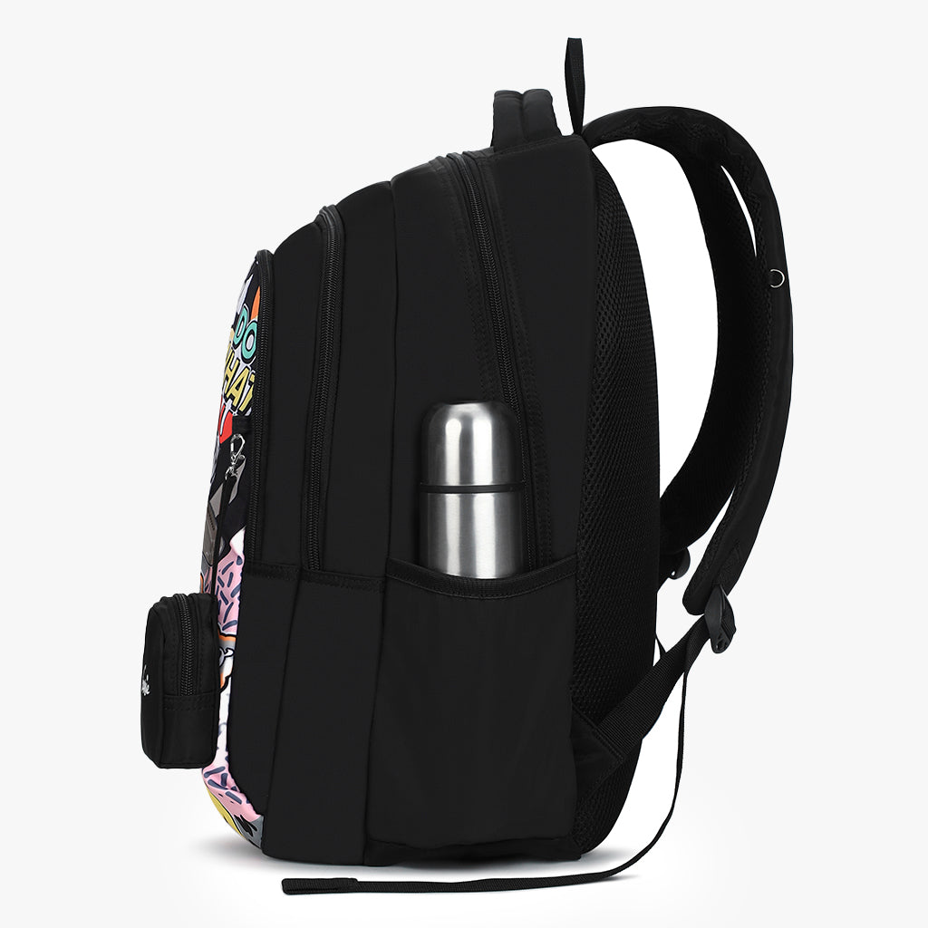 side pocket of backpack holding a metal bottle