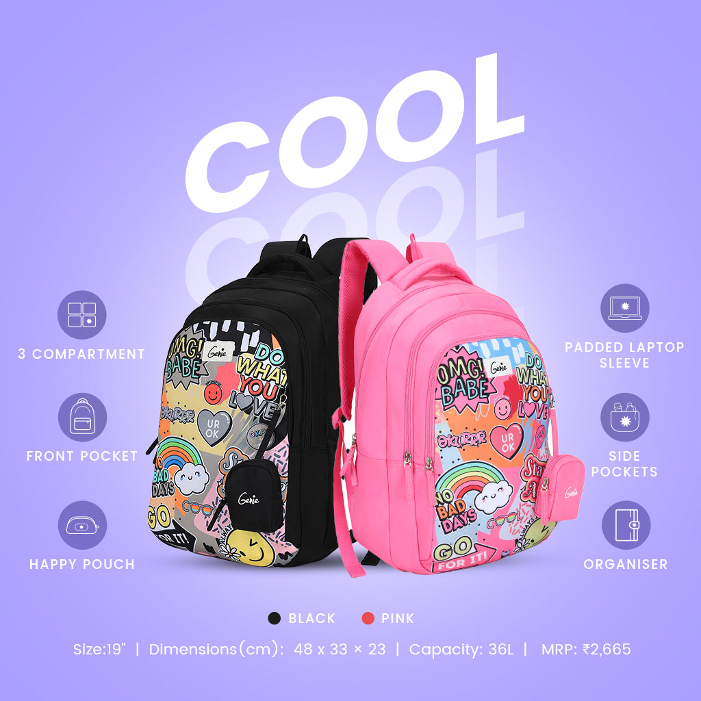 two sticker-themed backpacks with specifications
