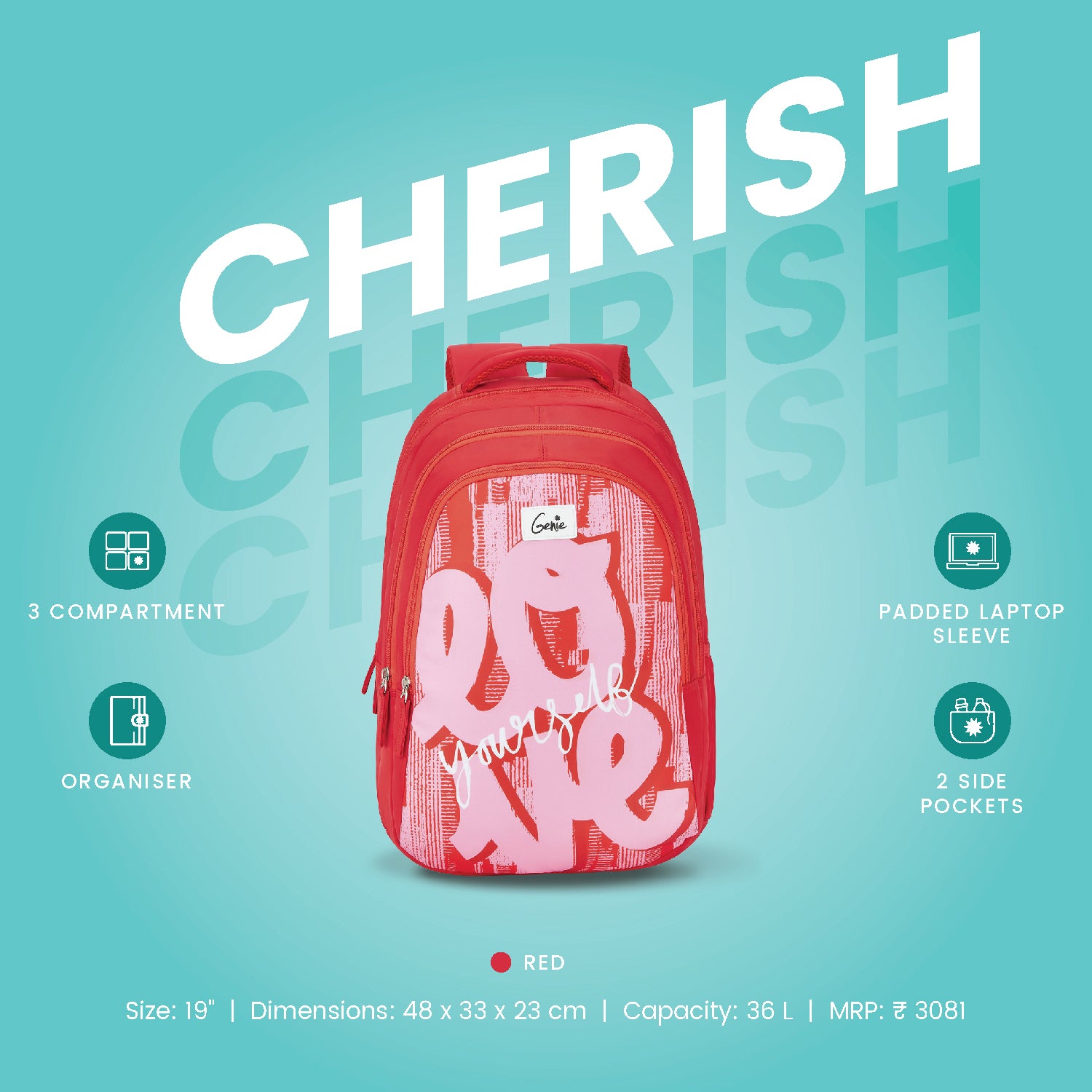 Genie Cherish 36L Red Laptop Backpack With Laptop Sleeve