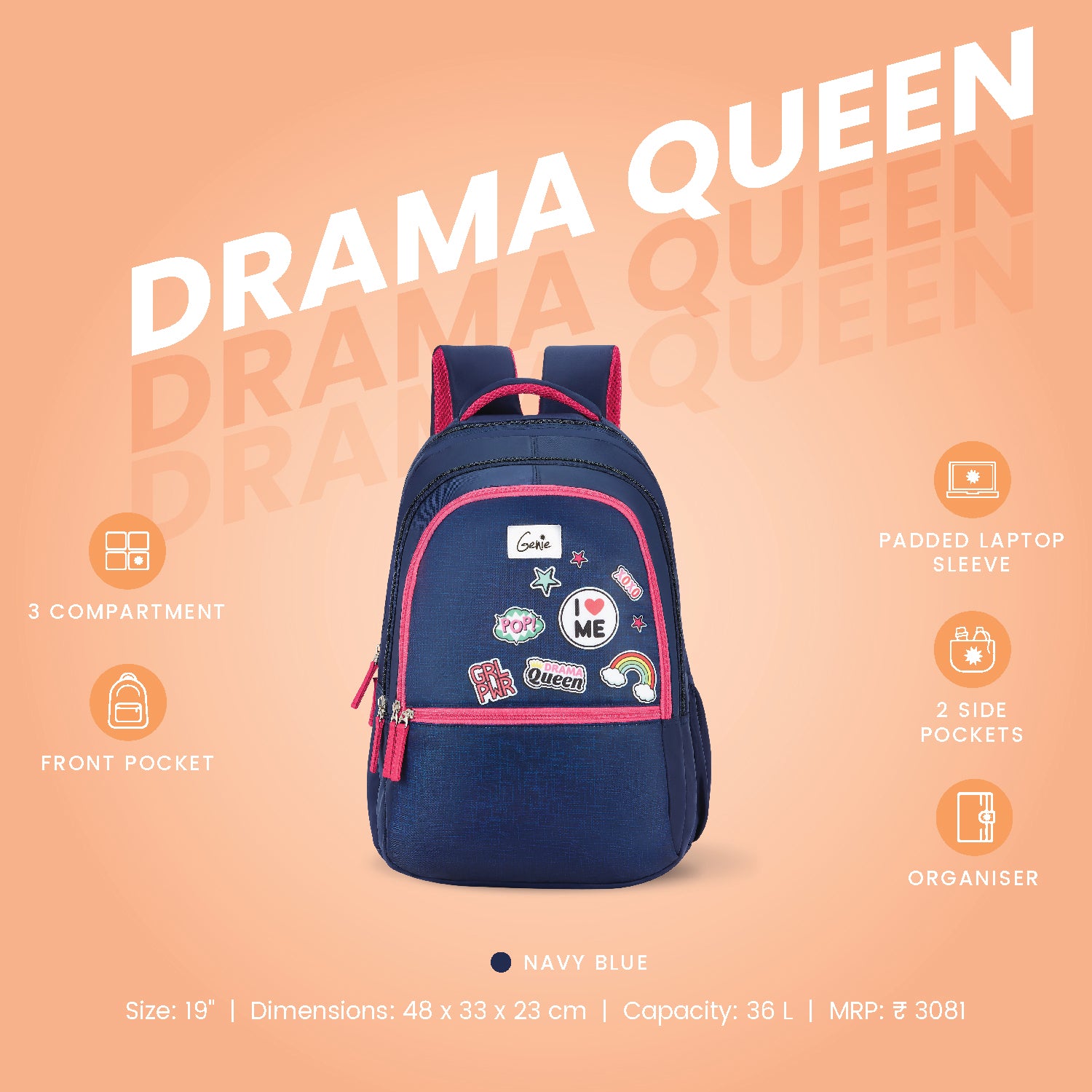 Genie Drama Queen 36L Navy Blue Laptop Backpack