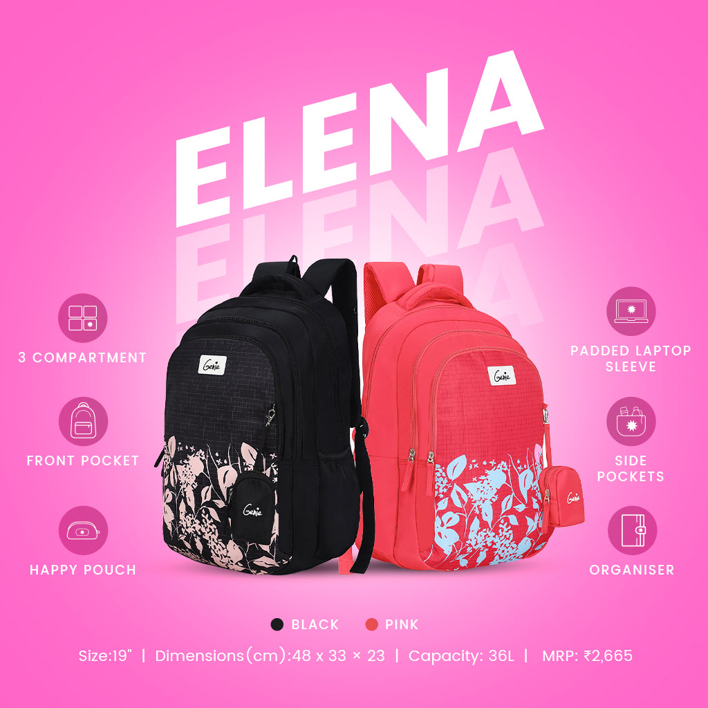 Genie Elena 36L Black School Backpack With Premium Fabric