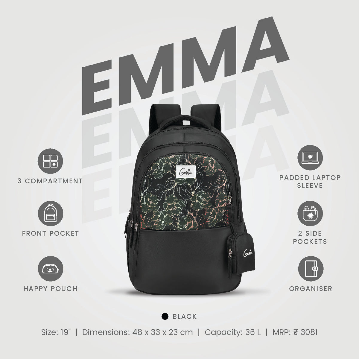 Genie Emma 36L Black Laptop Backpack