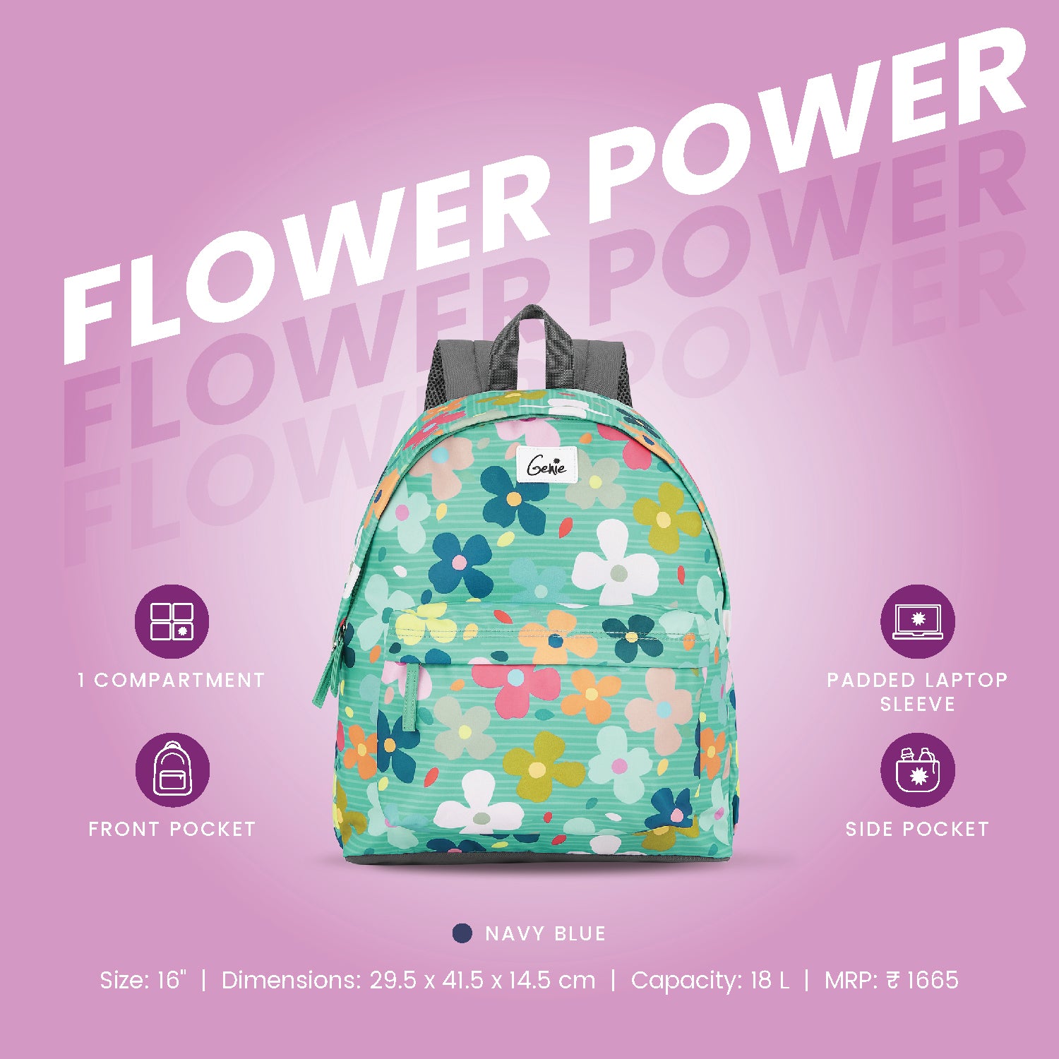 Genie Flower Power 18L Green Casual Backpack