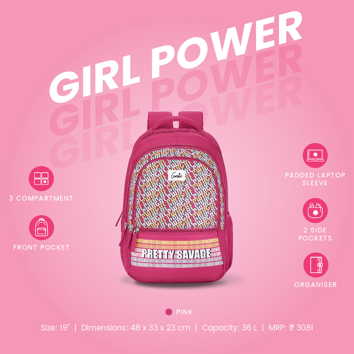 Genie Girl Power 36L Pink Laptop Backpack