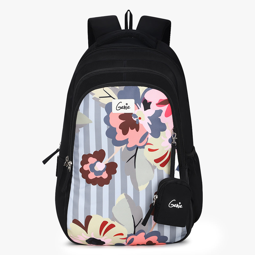 front view of black backpack with floral pattern