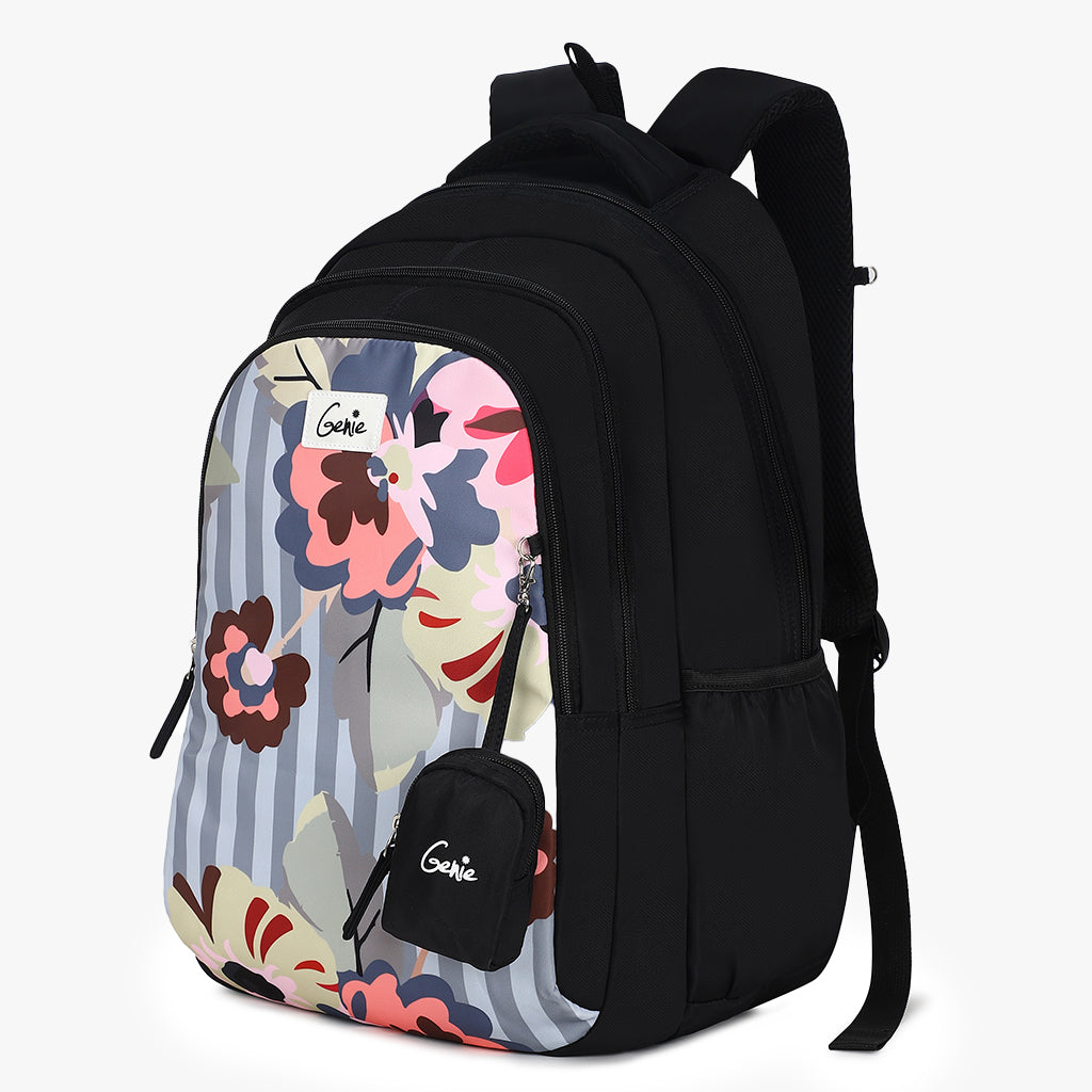 black genie backpack with floral print and happy pouch