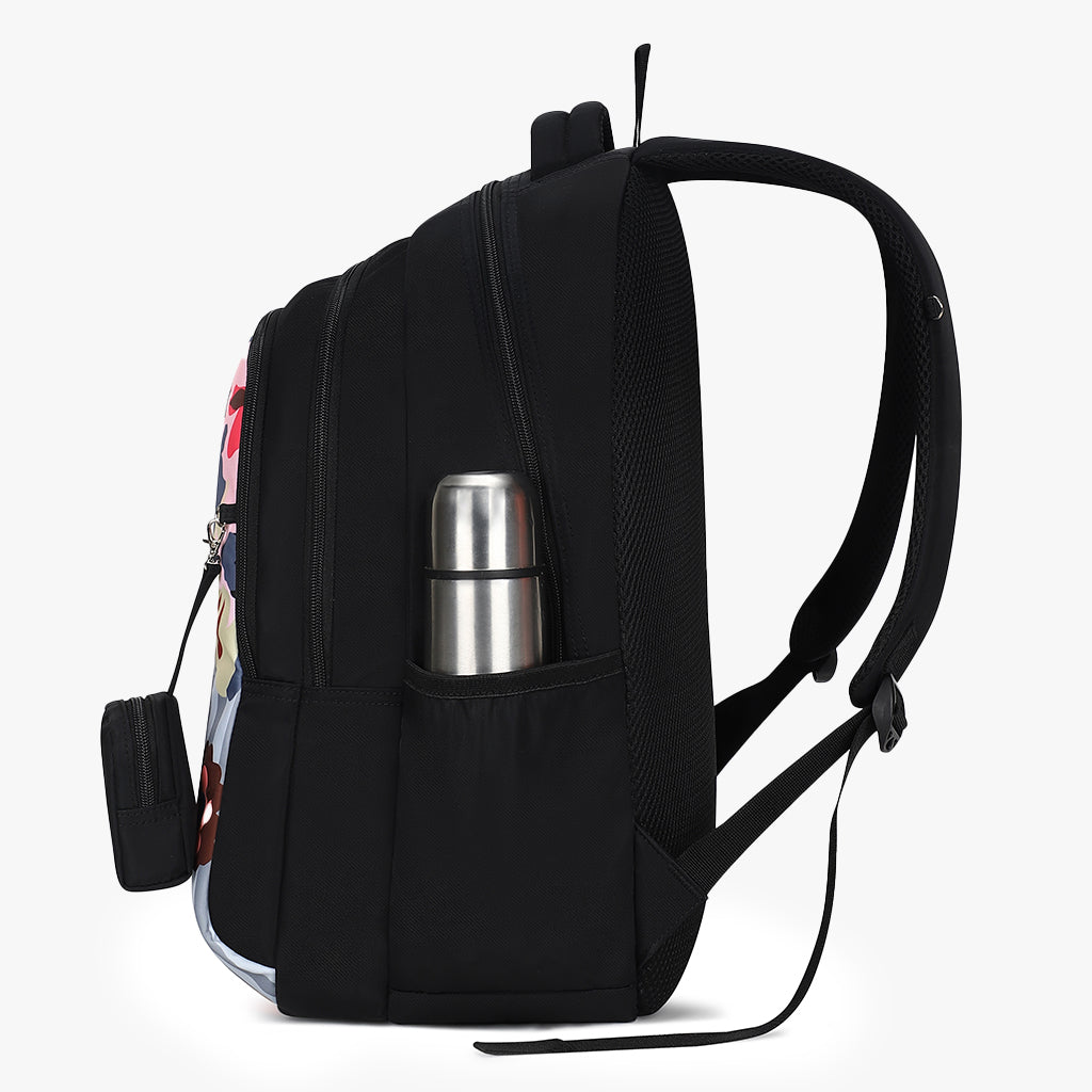 floral print black backpack, side view with bottle