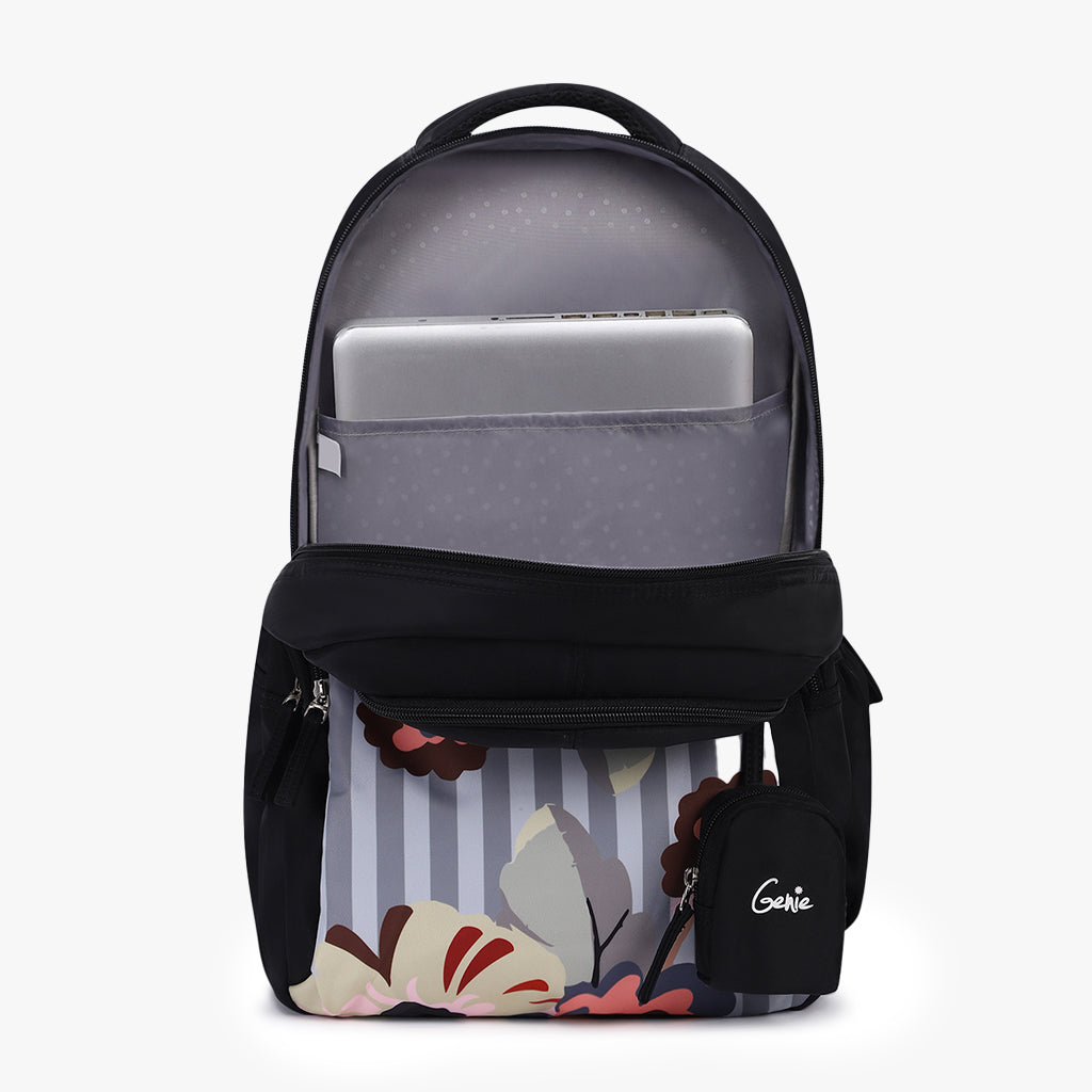 floral print black backpack, open front compartment