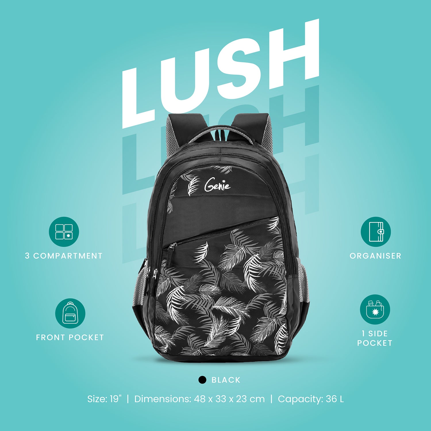 black backpack with leaf design and specs layout