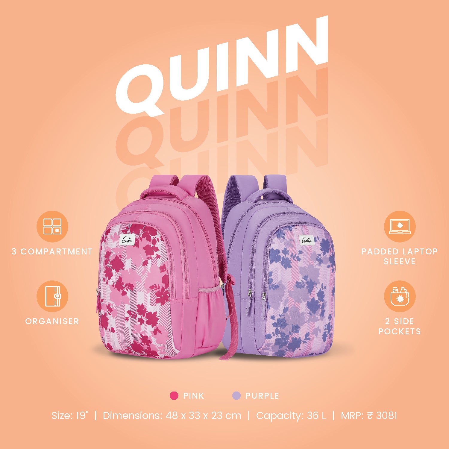 Genie backpacks in purple and pink with specifications