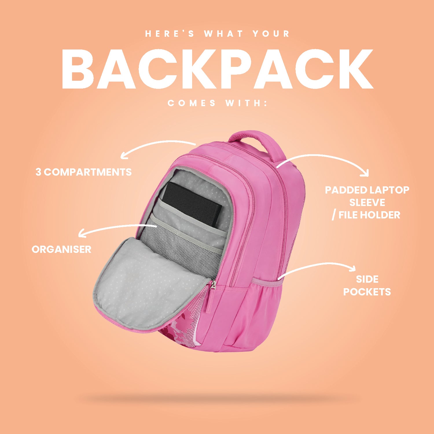Inside view of pink backpack's compartment and organizer
