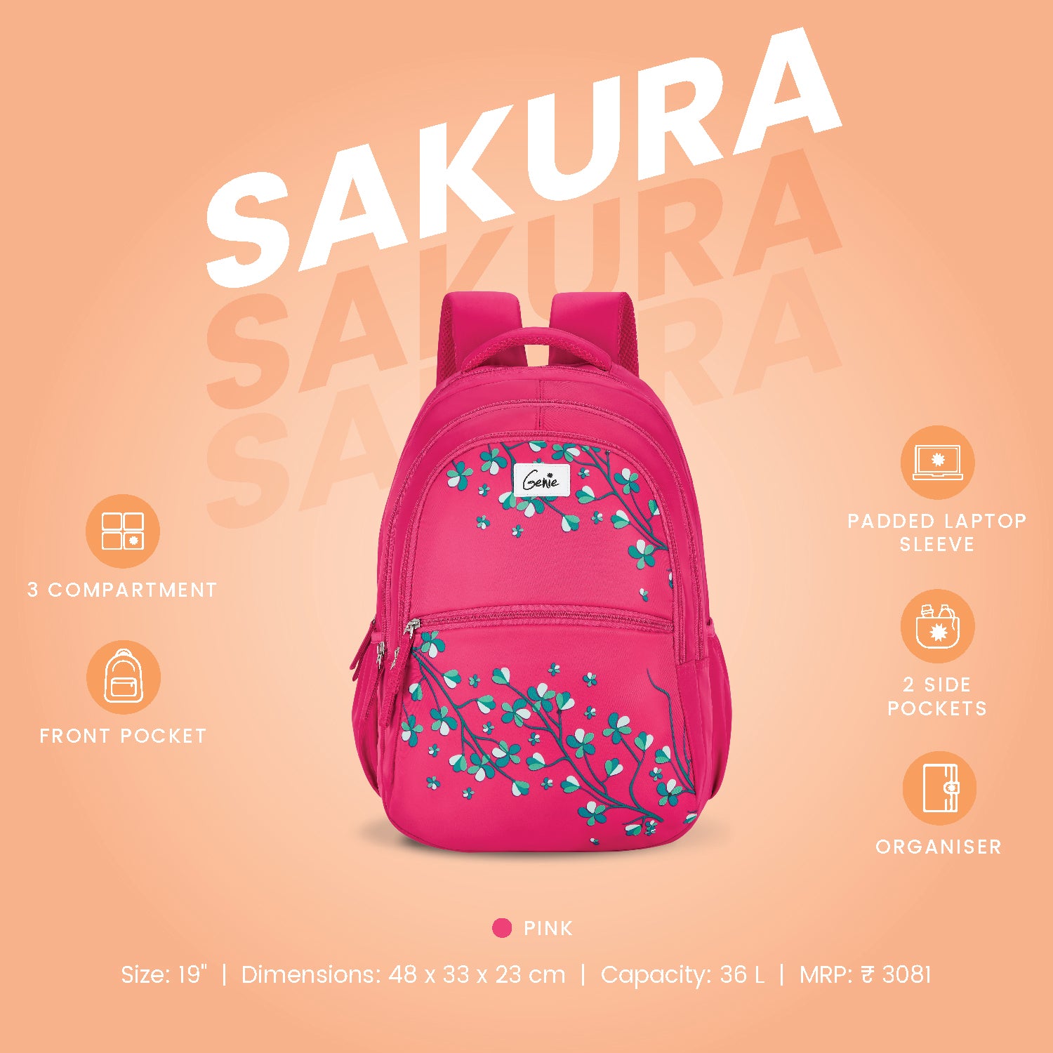 Genie Sakura 36L Pink Laptop Backpack With Laptop Sleeve