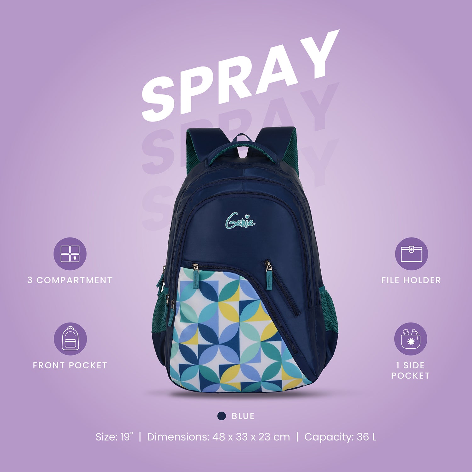 Genie Spray 36L Blue School Backpack With Easy Access Pockets