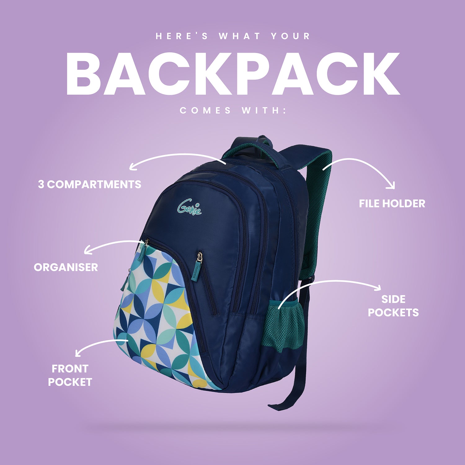 navy backpack with geometric design and product details