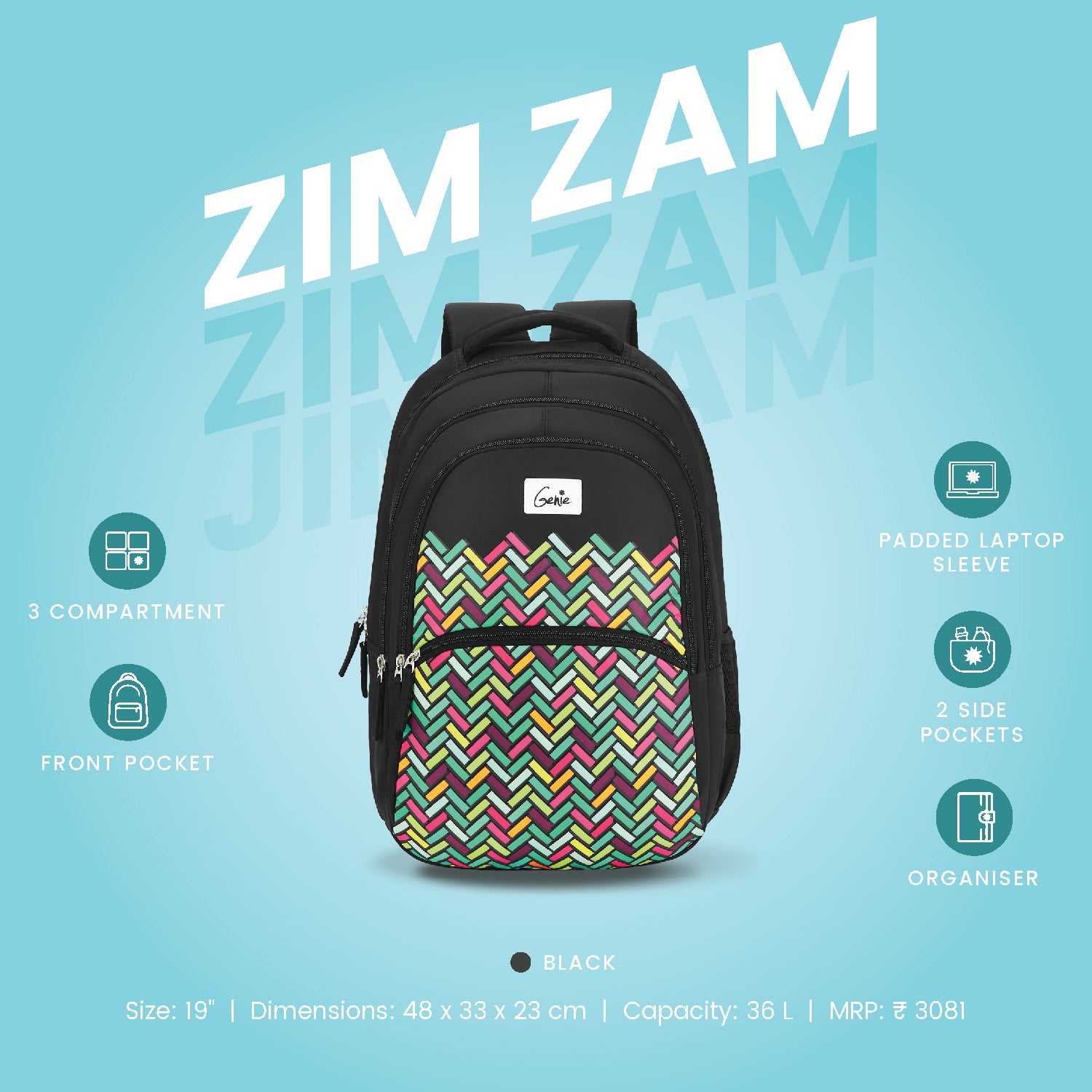 Genie Zim Zam 36L Black Laptop Backpack