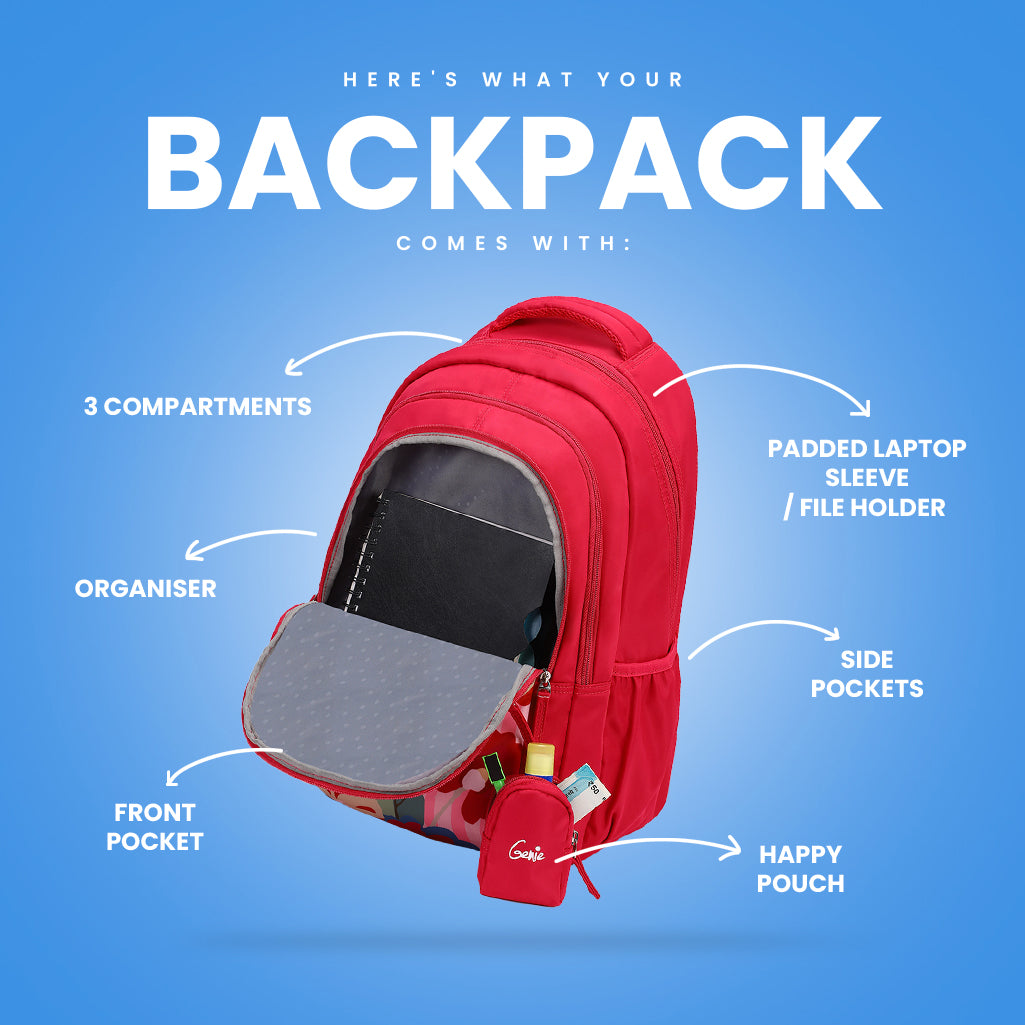 open red genie backpack showing padded laptop sleeve