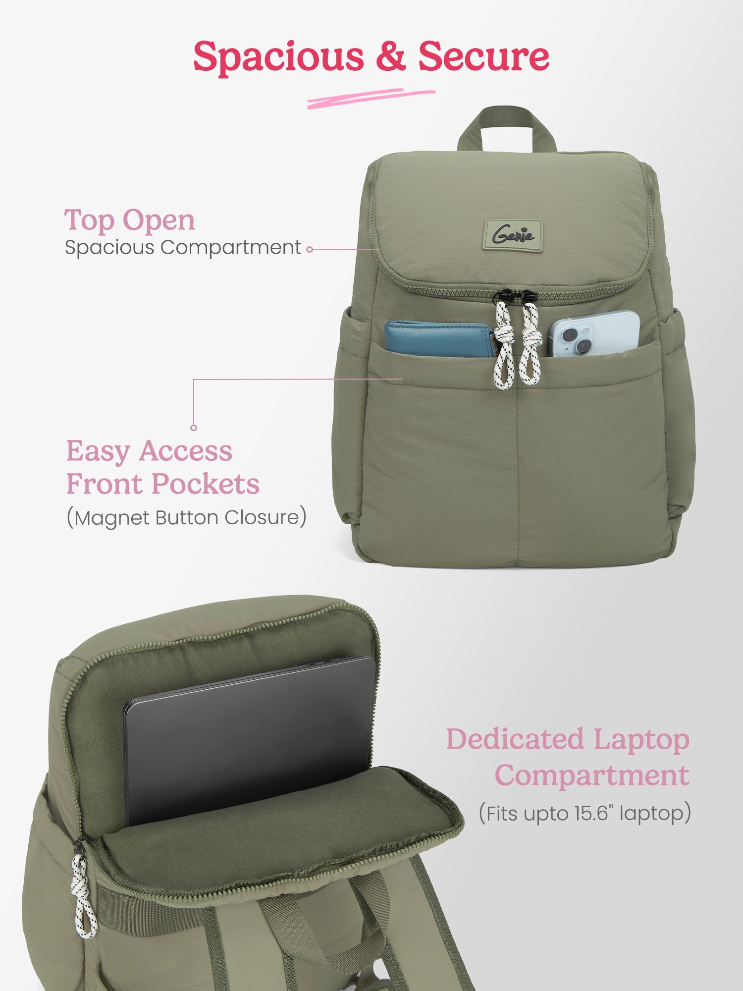 Plushpack 27L Ash Green Casual Backpack With Laptop Sleeve