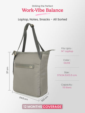 Amber 15L Olive Tote Bag With Laptop Sleeve