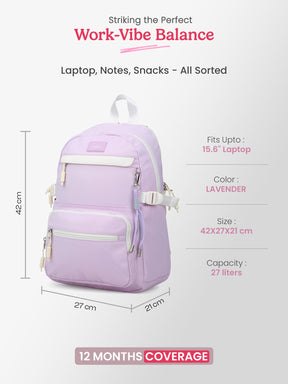 Berry 27L Lavender Casual Backpack With Laptop Sleeve