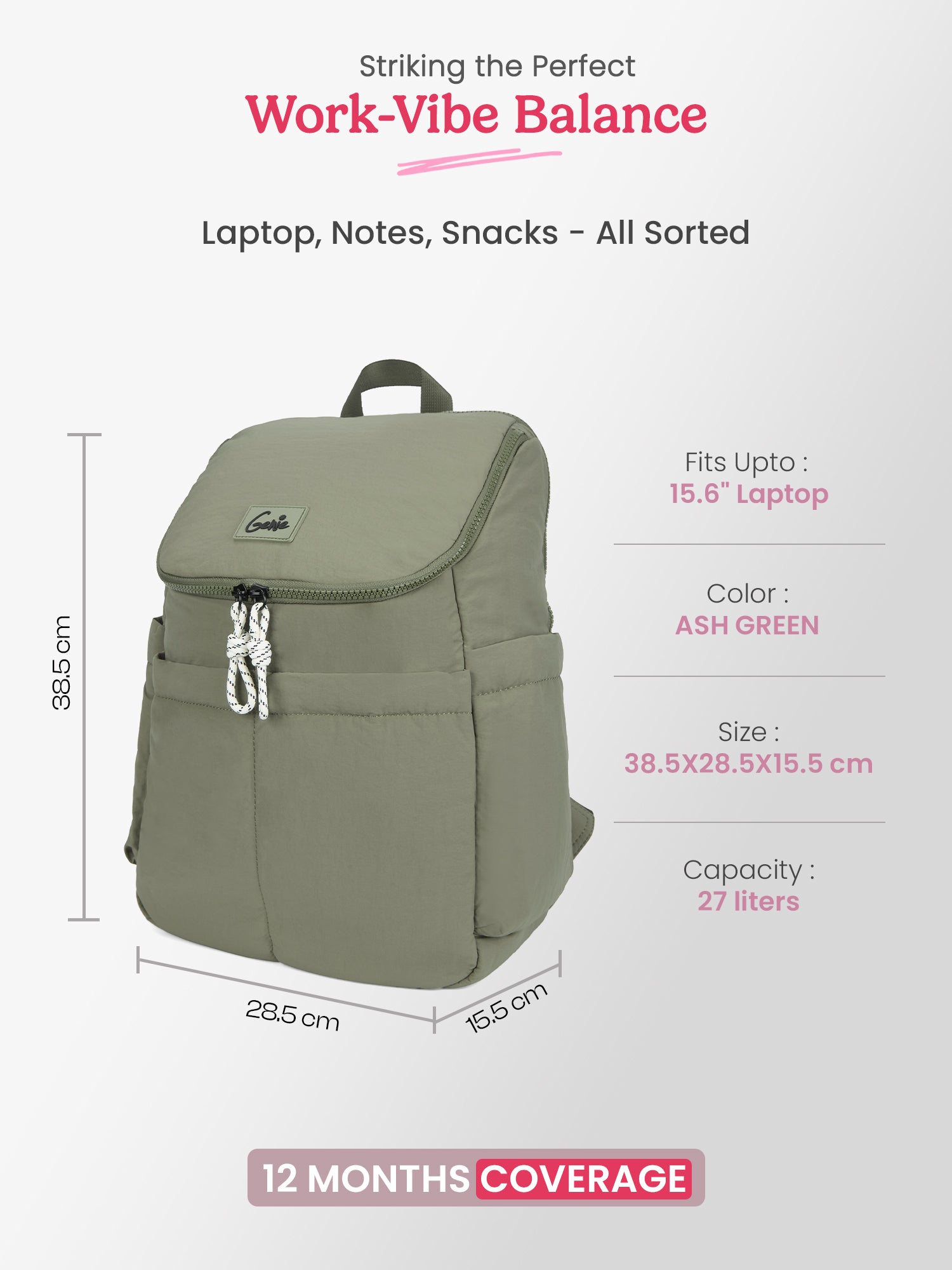 Plushpack 27L Ash Green Casual Backpack With Laptop Sleeve