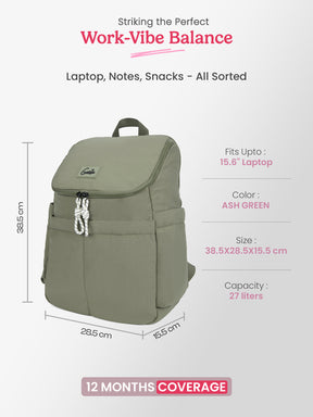 Plushpack 27L Ash Green Casual Backpack With Laptop Sleeve