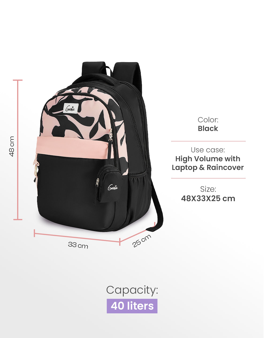 Alba 40L Laptop Backpack With Raincover - Black