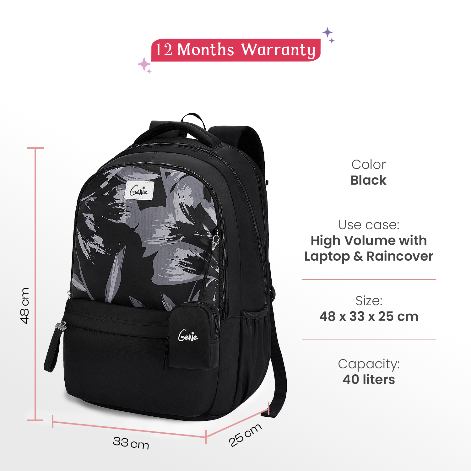 Aria 40L Black Laptop Backpack With Raincover