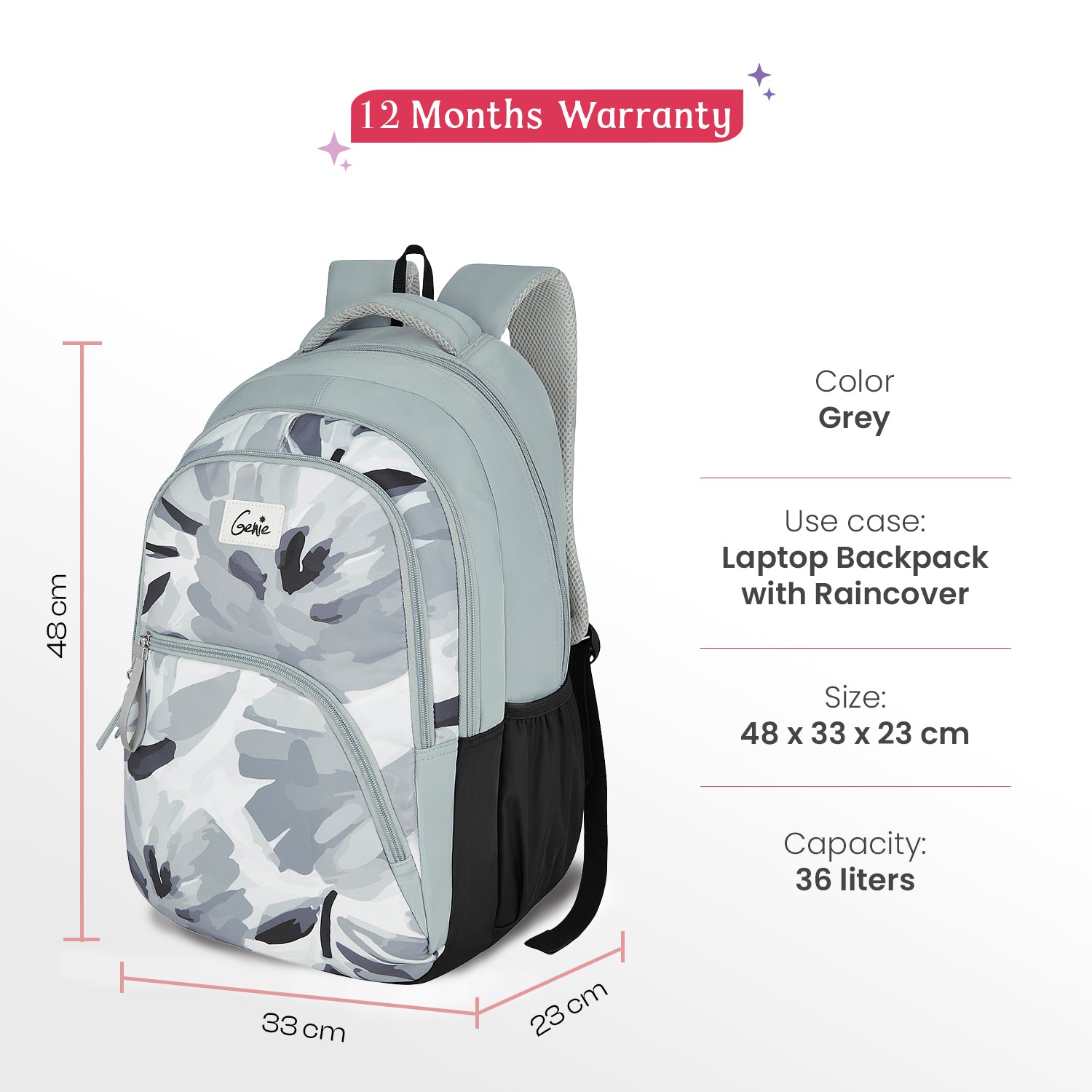 Ruby 36L Grey Laptop Backpack With Raincover