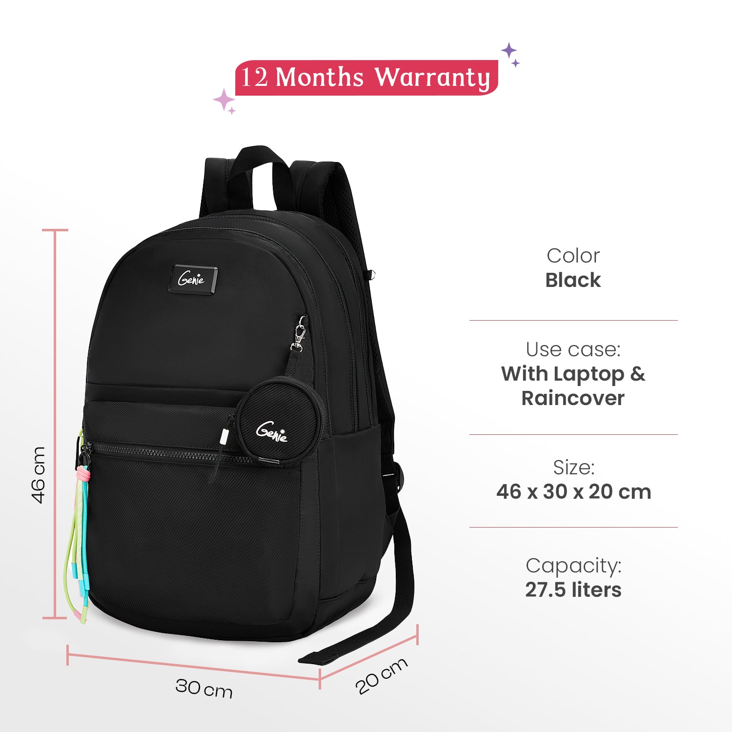 Sleek 28L Black Laptop Backpack With Raincover