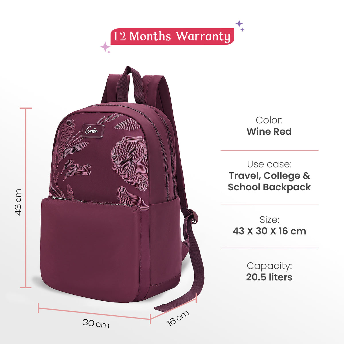 Ashlyn 21L Wine Red College Backpack With Laptop Sleeve