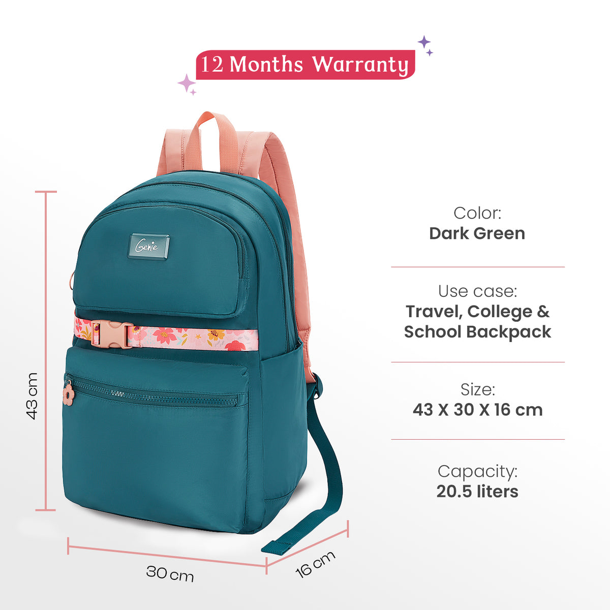 Maple 21L Dark Green College Backpack With Laptop Sleeve