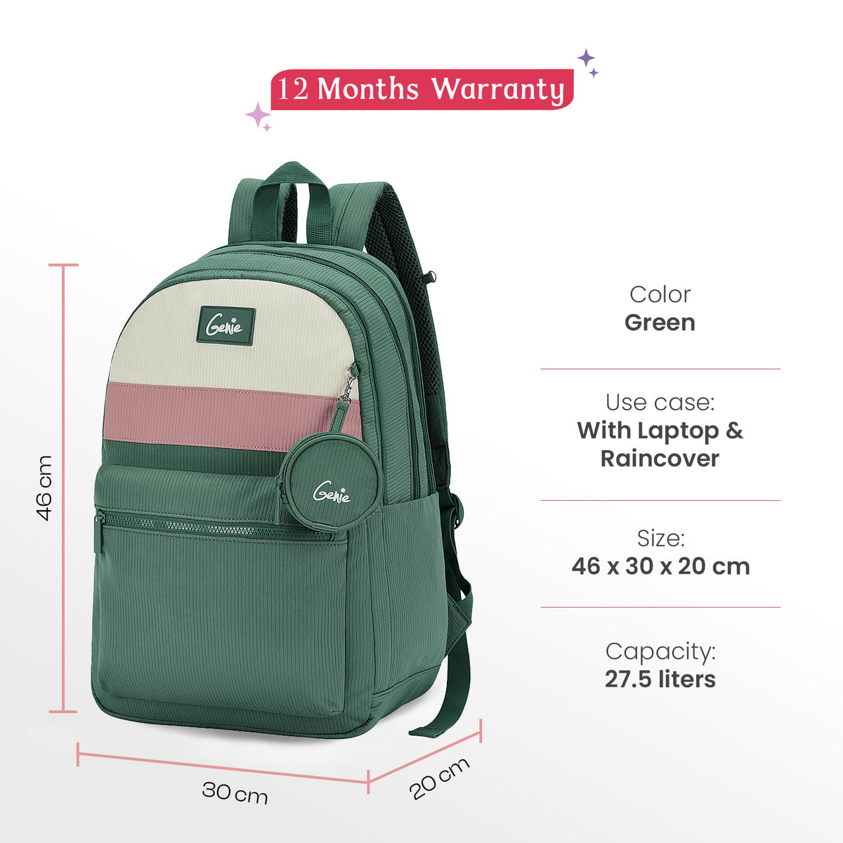 Essence 28L Green Laptop Backpack With Raincover