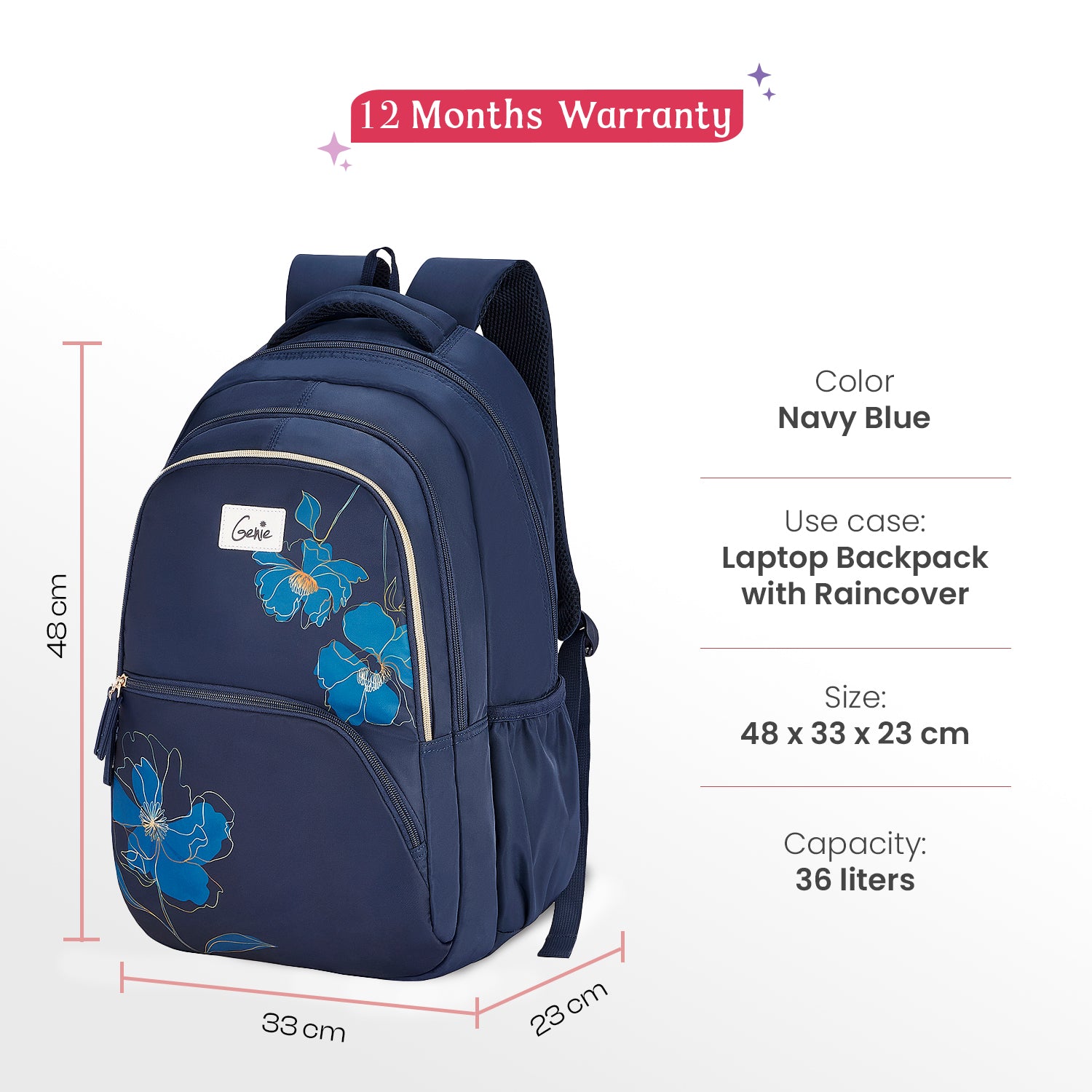 Gleam 36L Navy Blue Laptop Backpack With Raincover