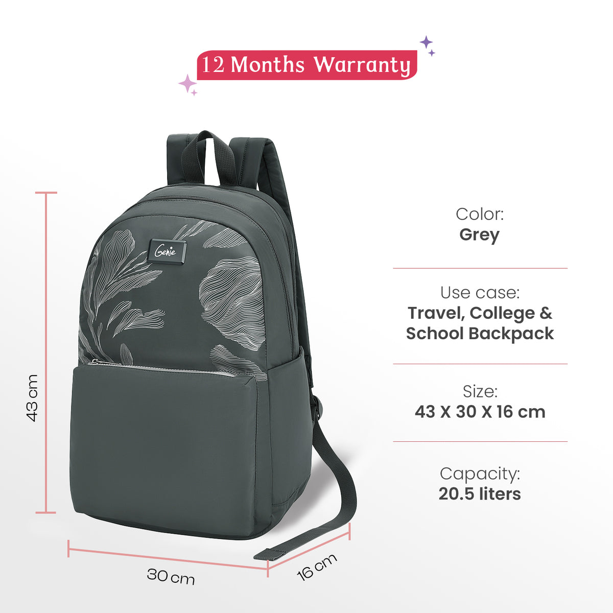 Ashlyn 21L Grey College Backpack With Laptop Sleeve