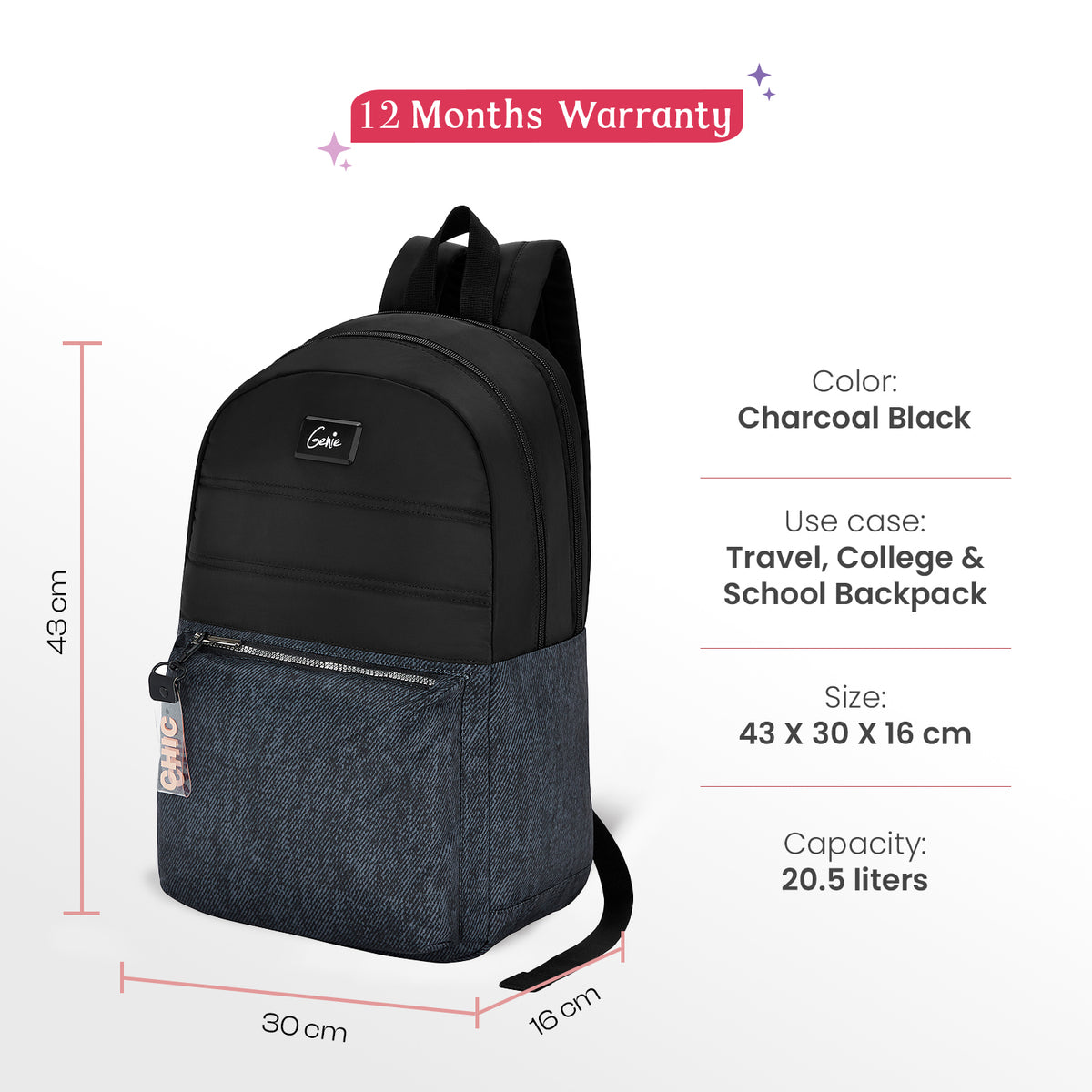 Ebony 21L Charcoal Black College Backpack With Laptop Sleeve