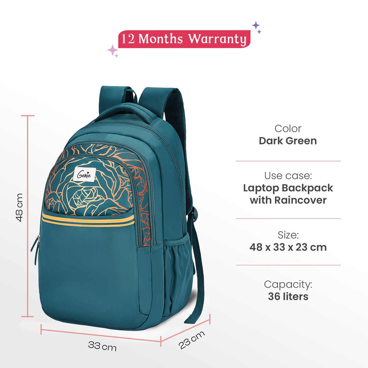 Glow 36L Dark Green Laptop Backpack With Raincover