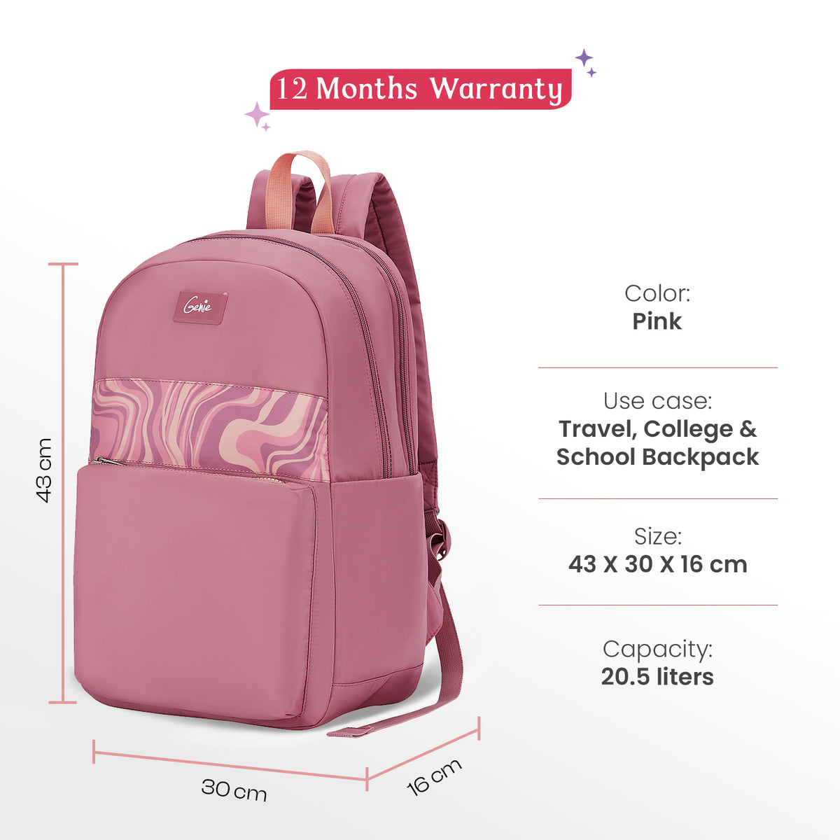 Lola 21L Pink College Backpack With Laptop Sleeve