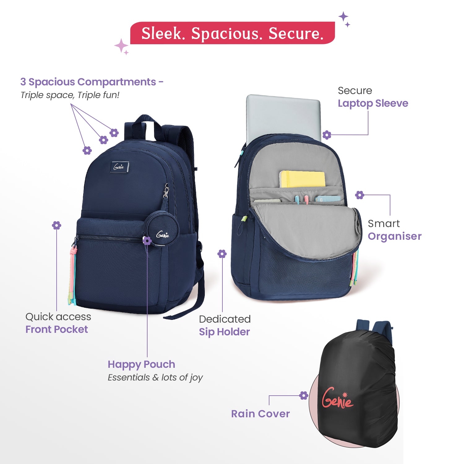 Sleek 28L Navy Blue Laptop Backpack With Raincover