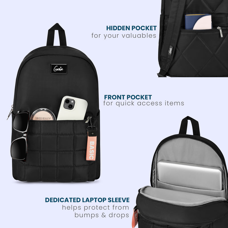 Genie 16 Inch Casual Backpack - Black Everyday Backpack For School, Work, Or Travel, Simple And Lightweight