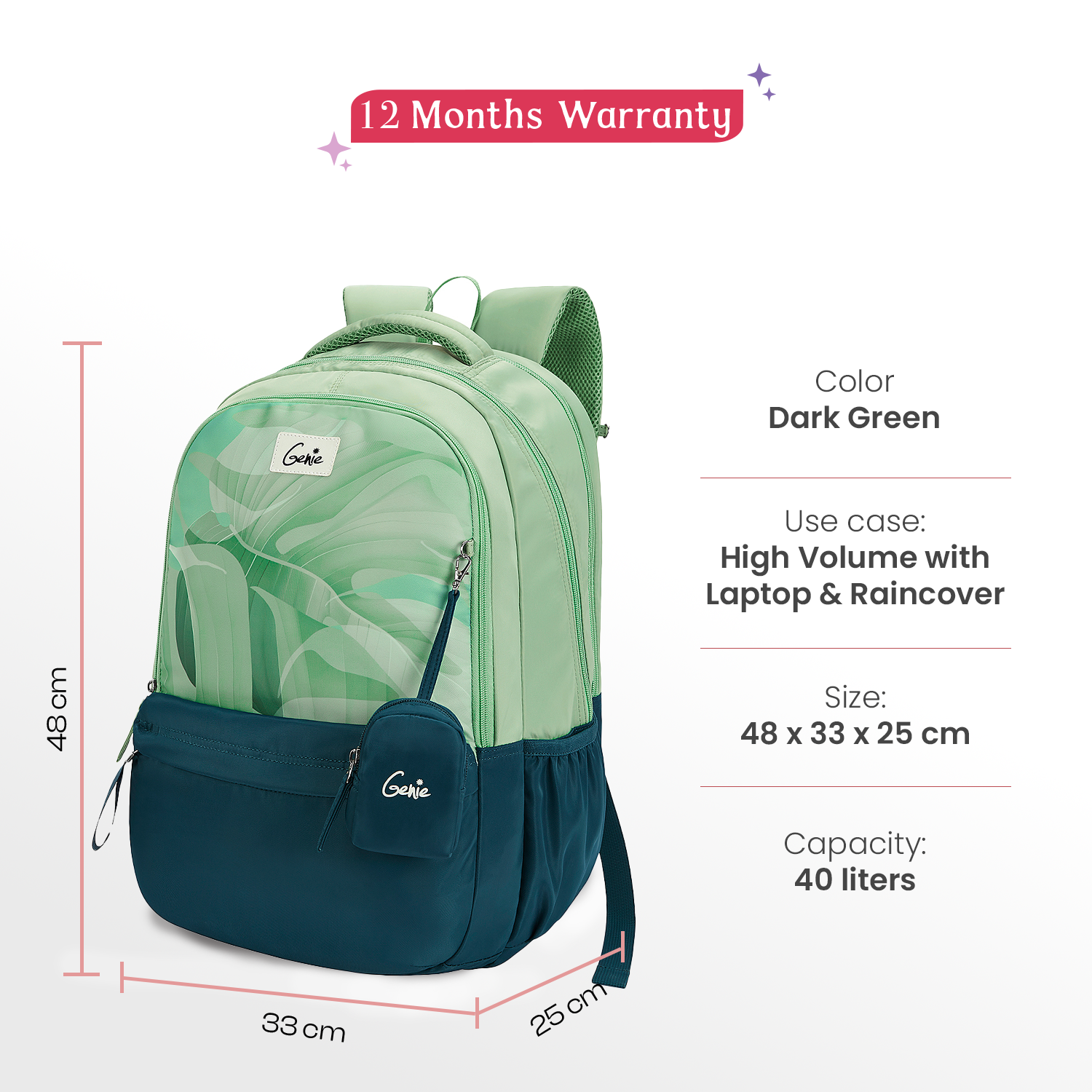 Celia 40L Dark Green Laptop Backpack With Raincover