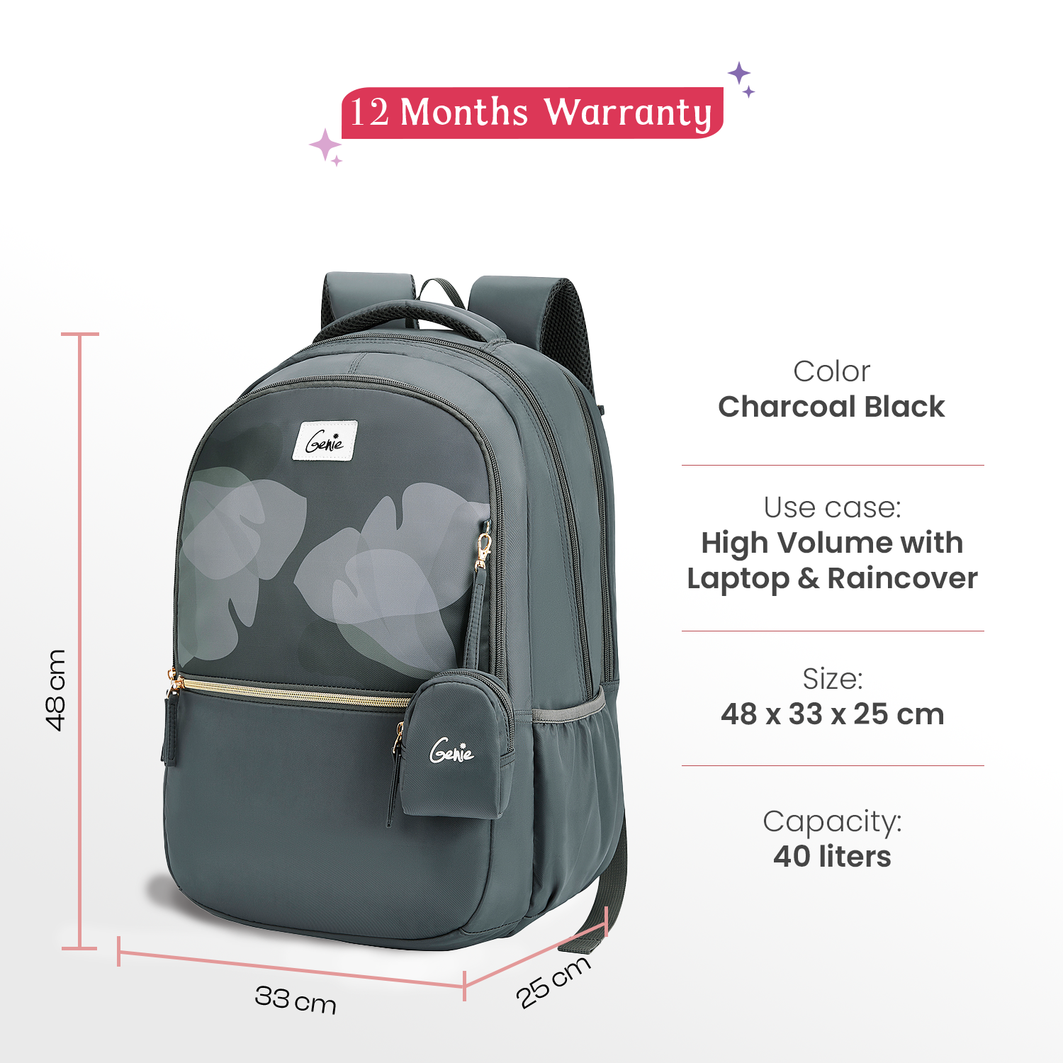 Esther 40L Charcoal Black Laptop Backpack With Raincover