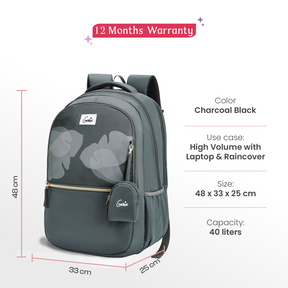 Esther 40L Charcoal Black Laptop Backpack With Raincover