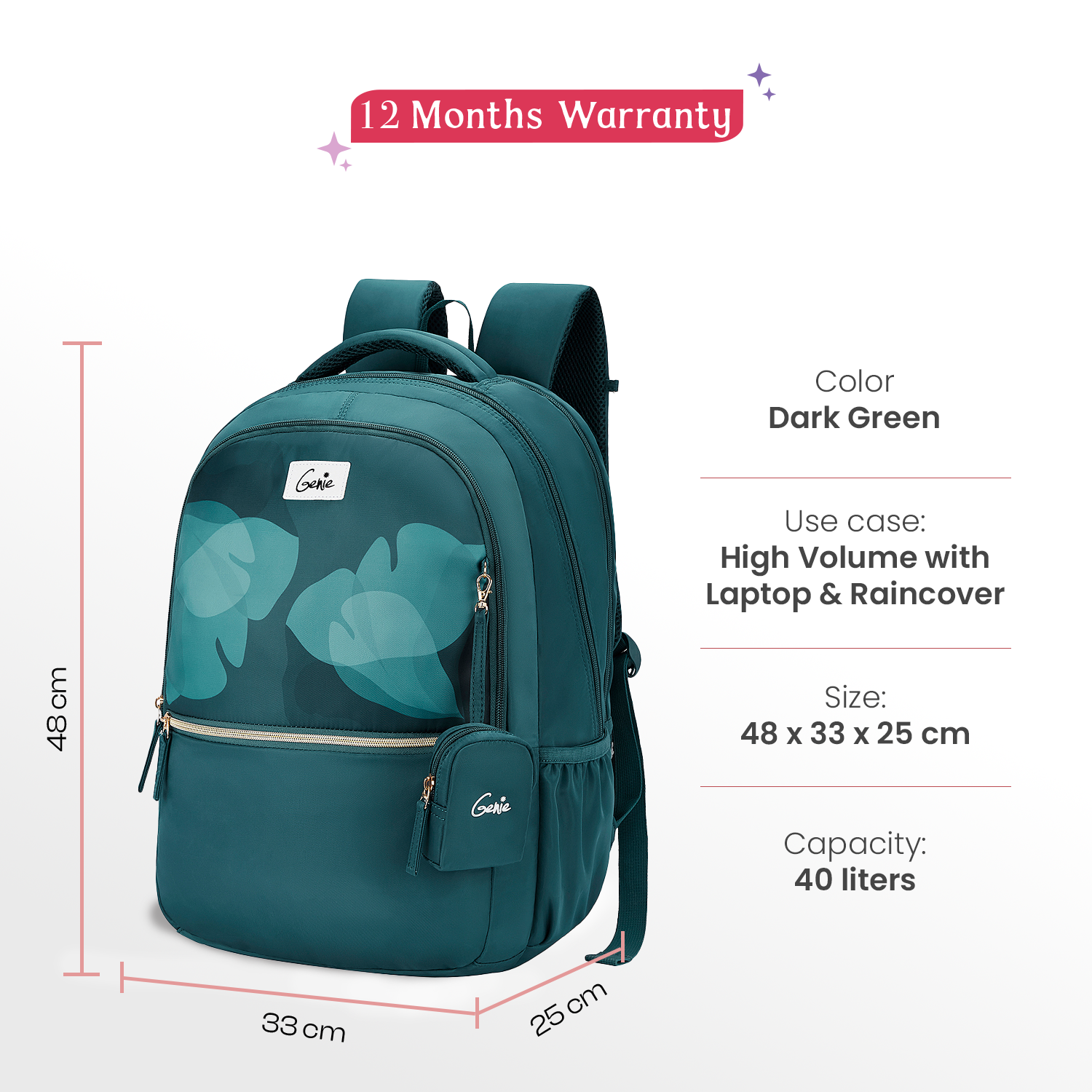 Esther 40L Dark Green Laptop Backpack With Raincover